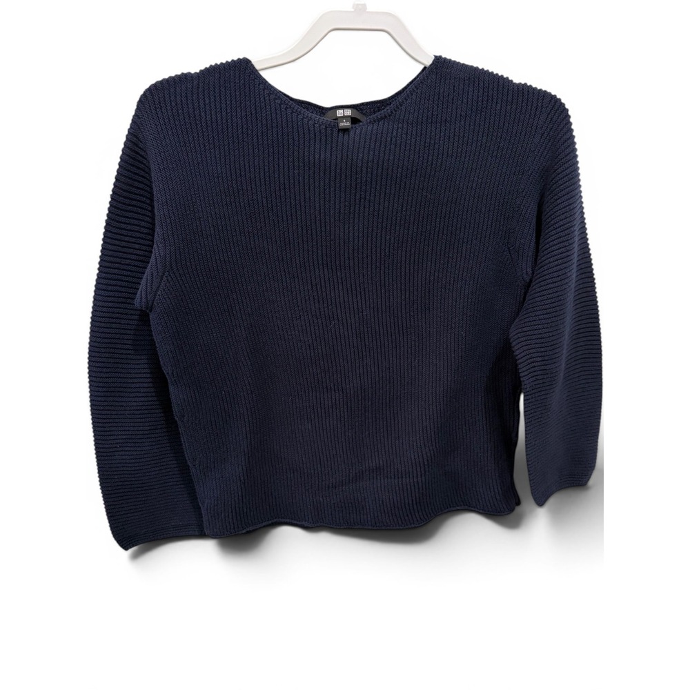 Uniqlo Womens 3D Knit Cotton Ribbed Sweater Navy‎ Blue Boat Neck S minimalist